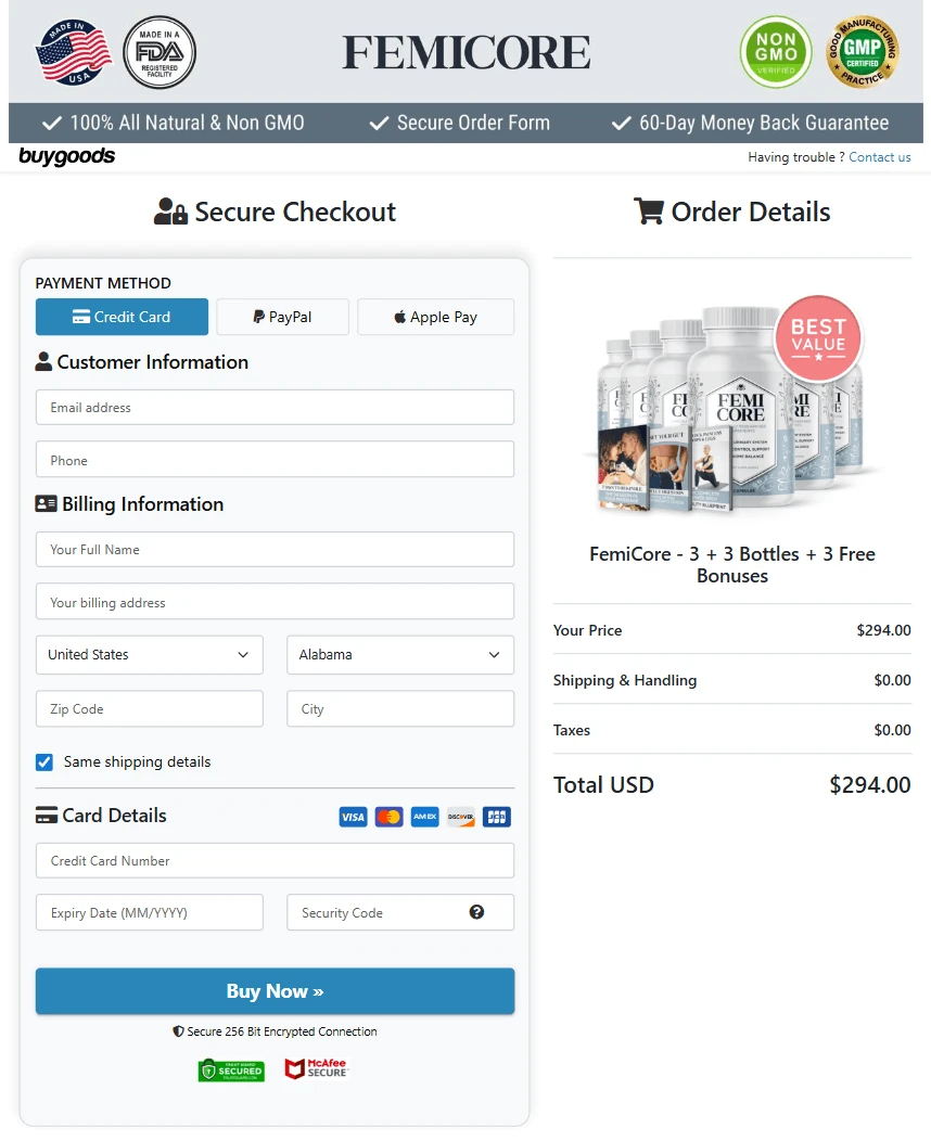FemiCore 256-Bit SSL Encrypted Secure Checkout Order Form